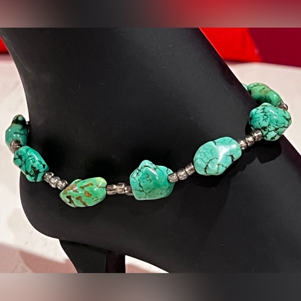 Turquoise Handmade Beaded Ankle Bracelet with Clear Seed Bead Accents